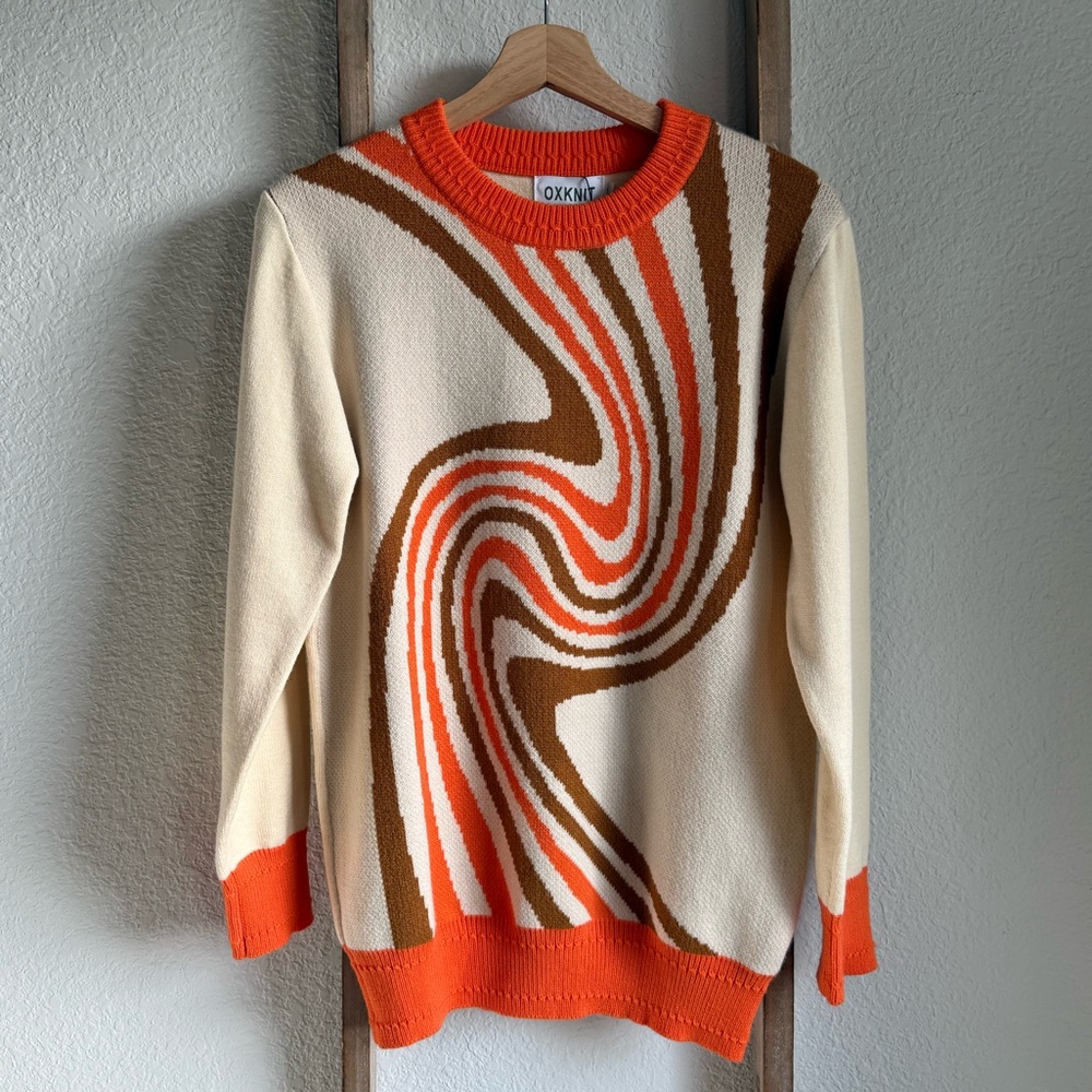 OXKnit Retro Swirl Style Knit Sweater in Orange/Cream/Brown NWT sz: L